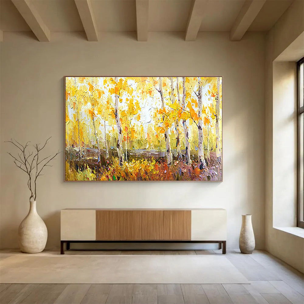 Autumn Birch Forest Abstract Painting with Yellow, Green, and Brown Tones THY212