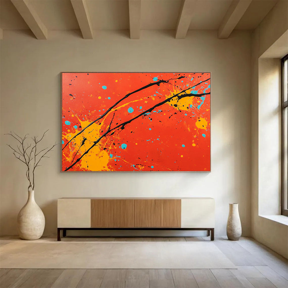 An abstract painting featuring a red background with orange and yellow splashes black lines and light blue accents in the style of Jackson Pollock.SC531