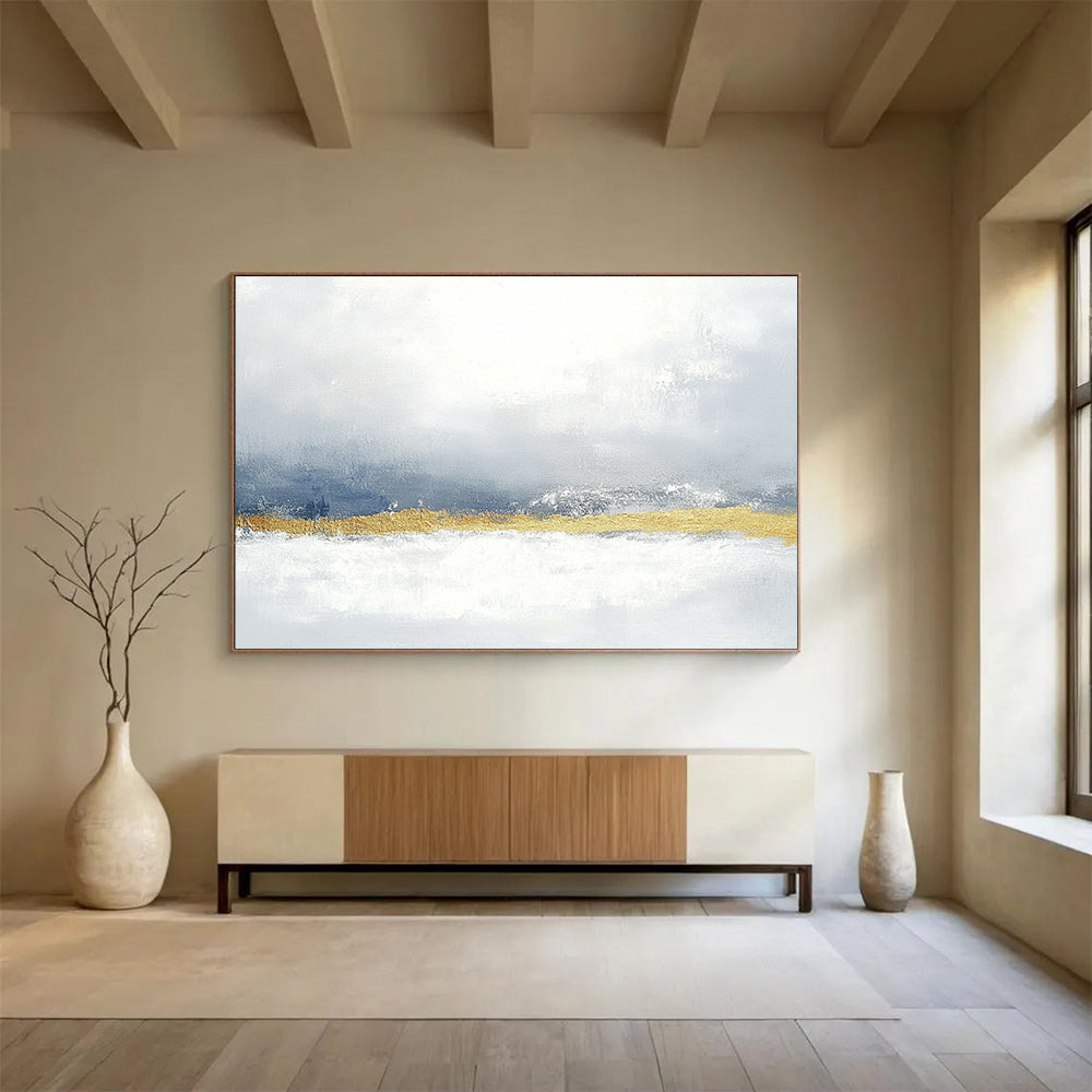 Large abstract painting in muted gray and blue with gold accents soft texture and calming minimalist style perfect for any space.SC066