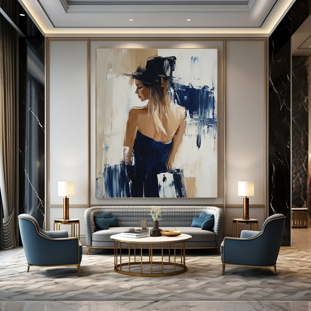 Abstract oil painting featuring a woman in Hunkemöller collection with beige and navy hues showcasing dynamic brushstrokes in Richard Schmid's style.STSC176