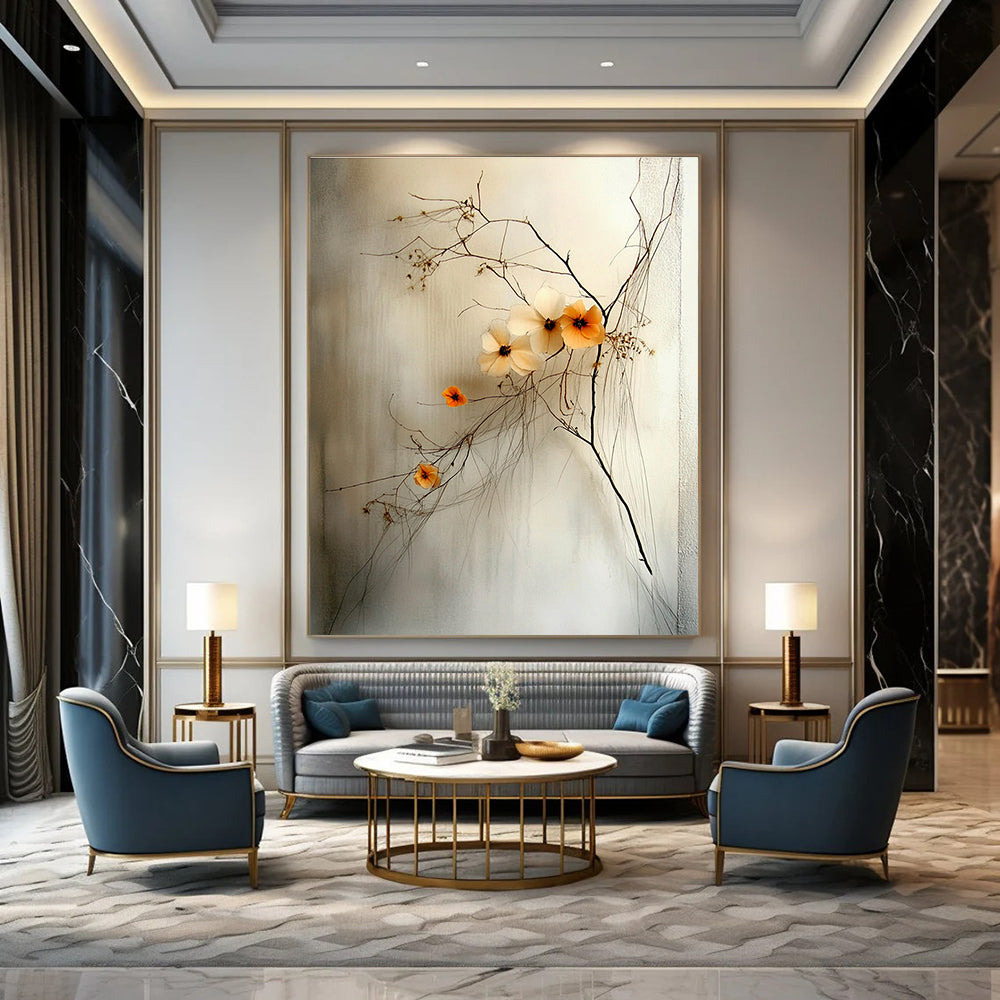 Abstract artwork featuring delicate wildflowers with a small orange bloom against a soft gray background emphasizes calmness and balance through intricate string-like details.STSC856
