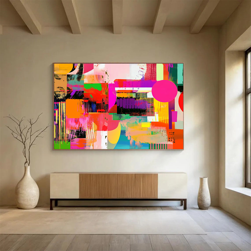 Large abstract artwork featuring vibrant colors and bold contrasts with dynamic shapes and patterns, reminiscent of pop art influences.SC461