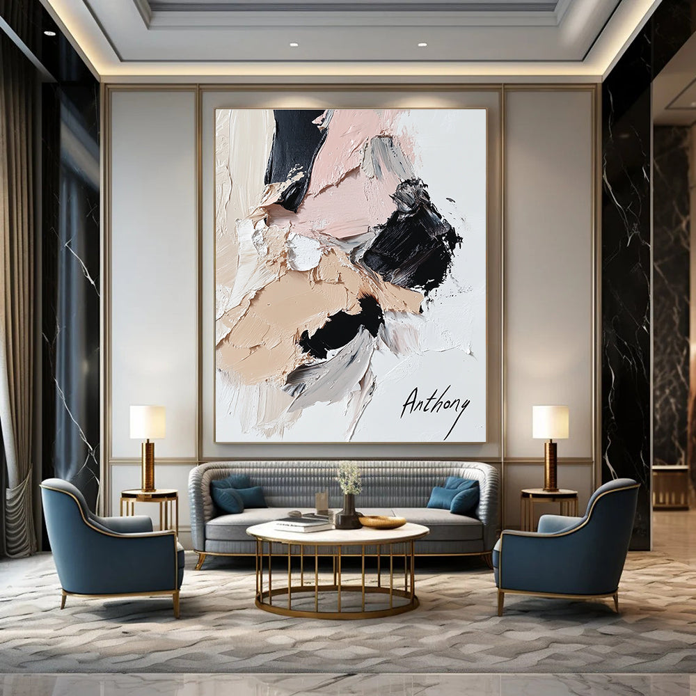 Large abstract painting featuring an anthropomorphic cat in black and beige with pink accents thick impasto style on white background.STSC257
