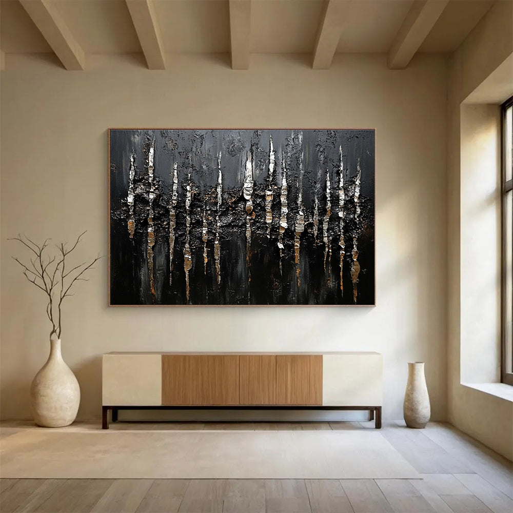 Black and Silver Textured Abstract Painting with Dripping Effects DYP180