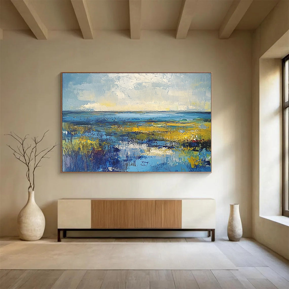 Vibrant Marshland Abstract Painting with Blues and Yellows DYP232
