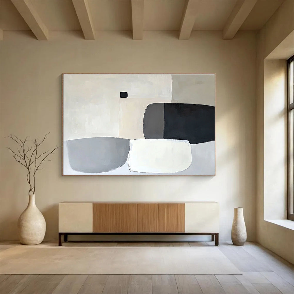 Geometric Shapes in Neutrals Abstract Painting with Gray Black and White Tones DYP586