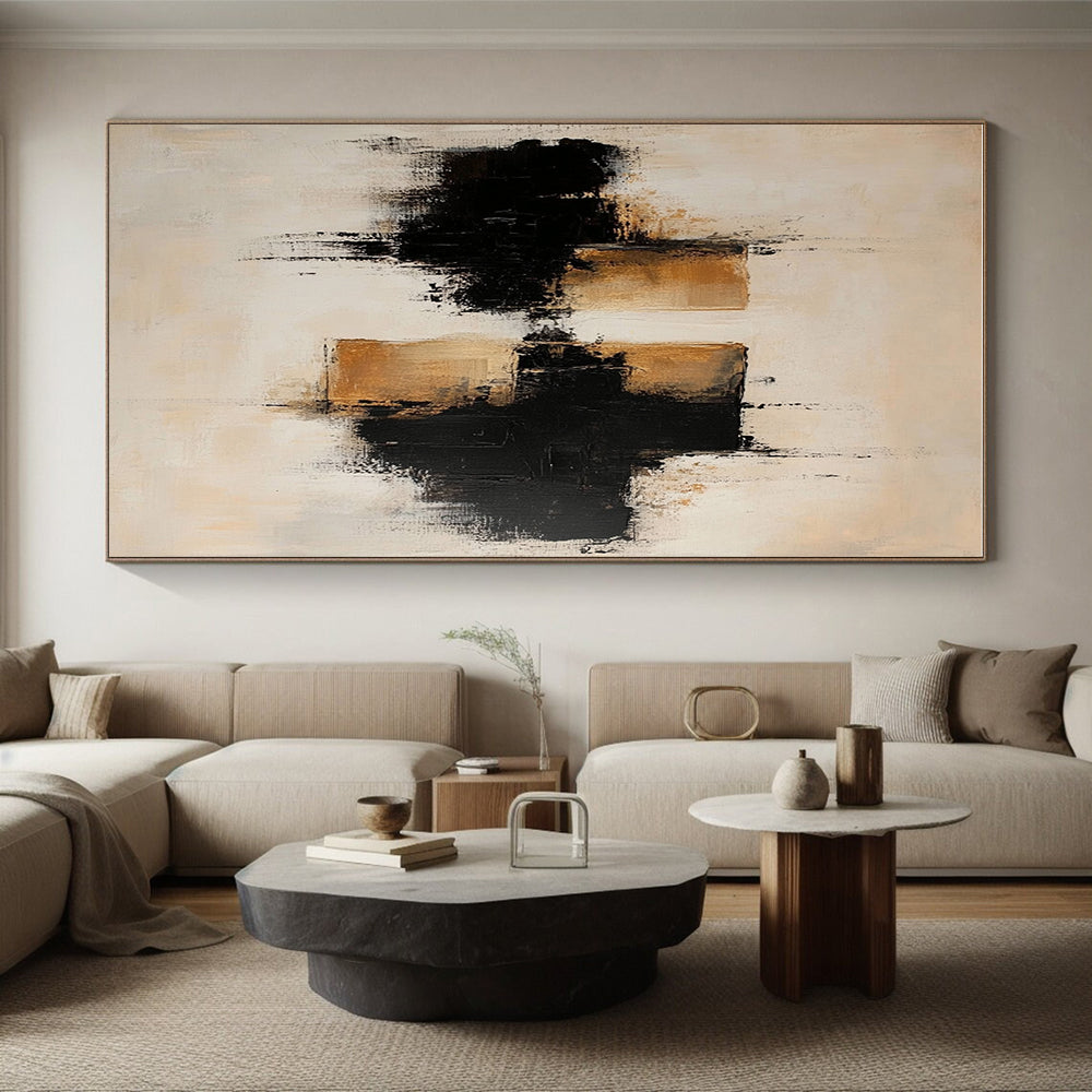 Beige Black Reflective Abstract Painting with Textured Layers GER775
