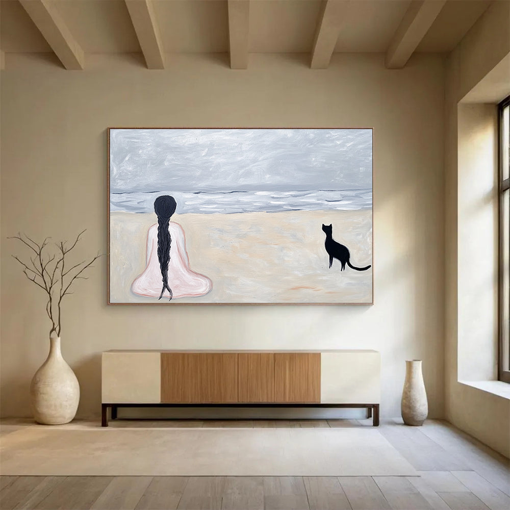 Gray Sea Scene - Girl and Cat Abstract Painting DYP060