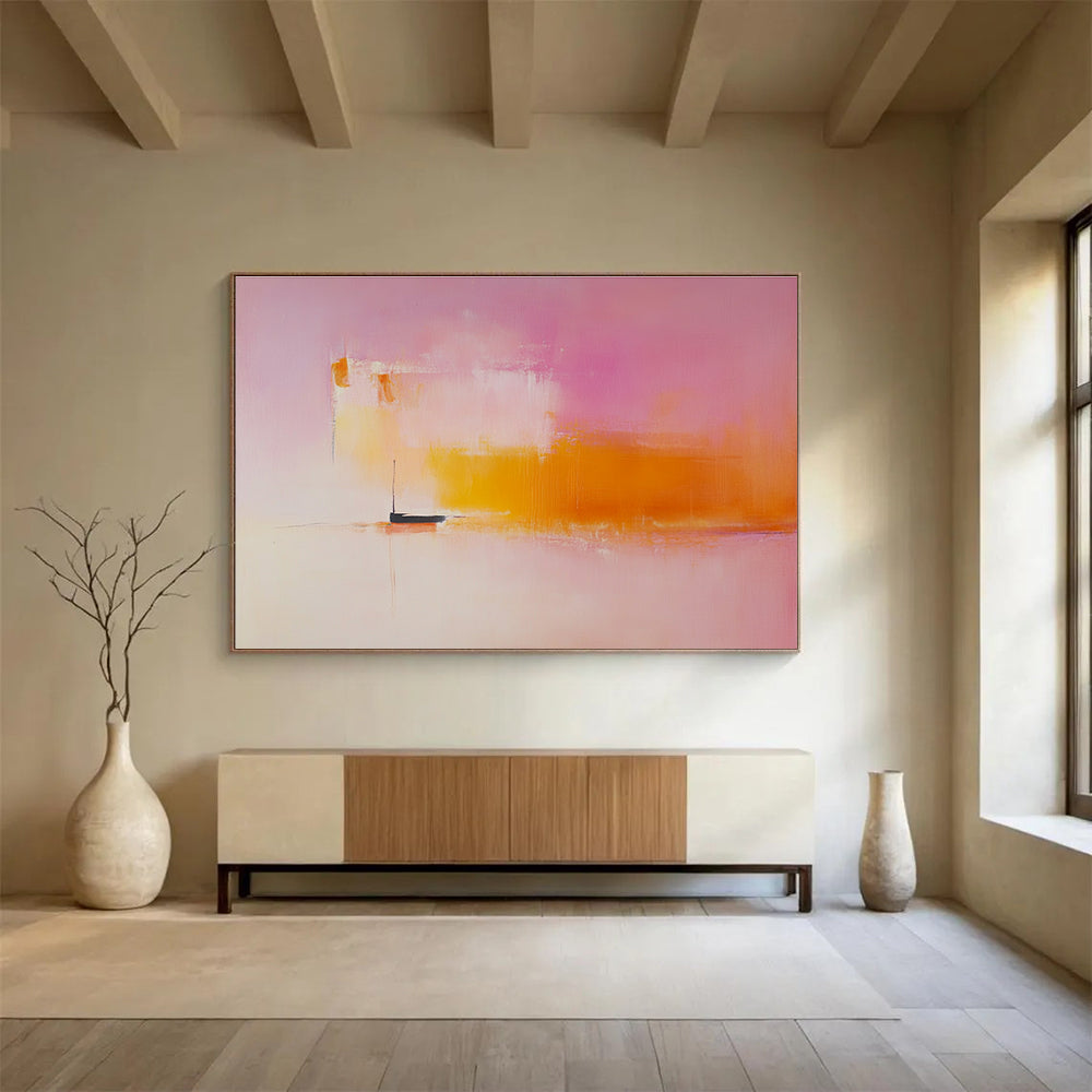 Large abstract painting featuring light pink and orange hues with a small boat on the horizon in a minimalist blurred landscape.SC330