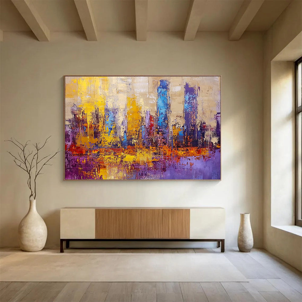 Colorful Cityscape Abstract Painting with Purple and Gold Accents DYP514