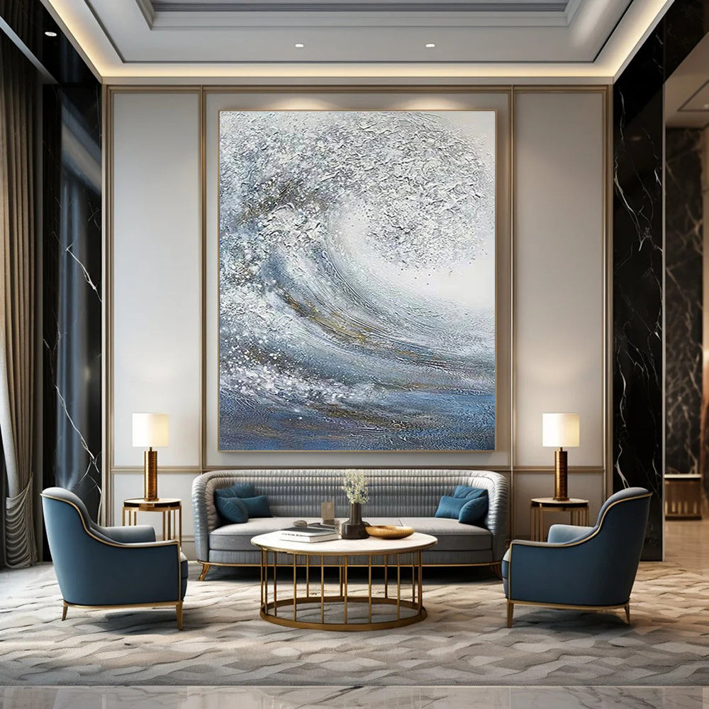 Silver and Blue Wave Abstract Painting with Sparkling Textures ADGE337