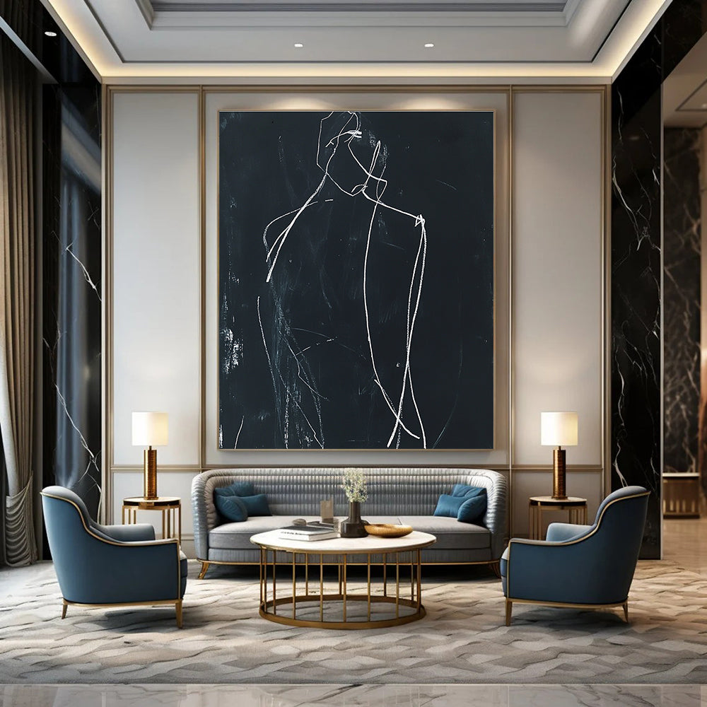 Large abstract drawing featuring a minimalist human figure in white chalk on black paper with soft lighting and shadows enhancing its form.STSC976