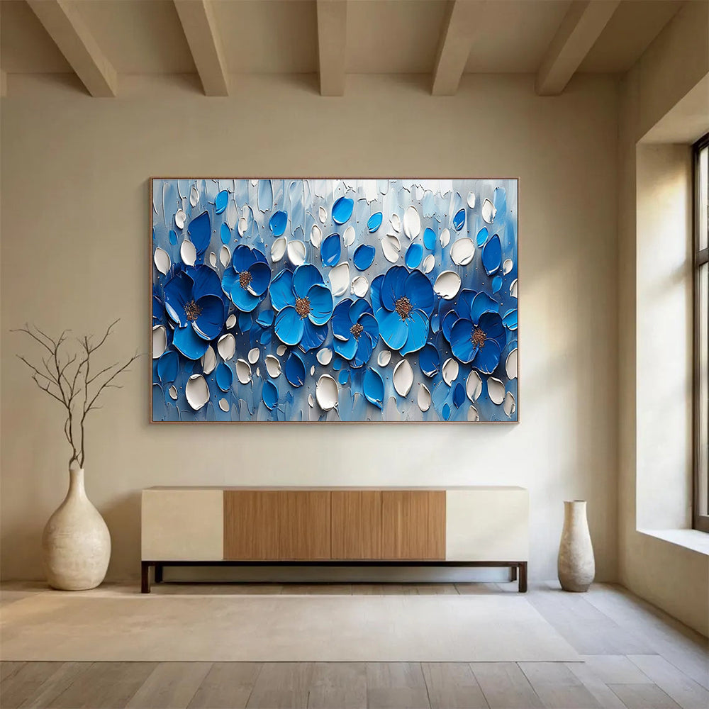 Blue Flower Relief Abstract Painting with Blue, White, and Brown Tones THY173