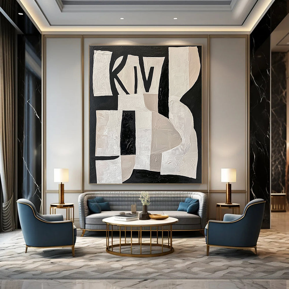Large abstract painting featuring white shapes on a black background with deconstructed collage elements and the word KIWI in pastel colors.STSC313