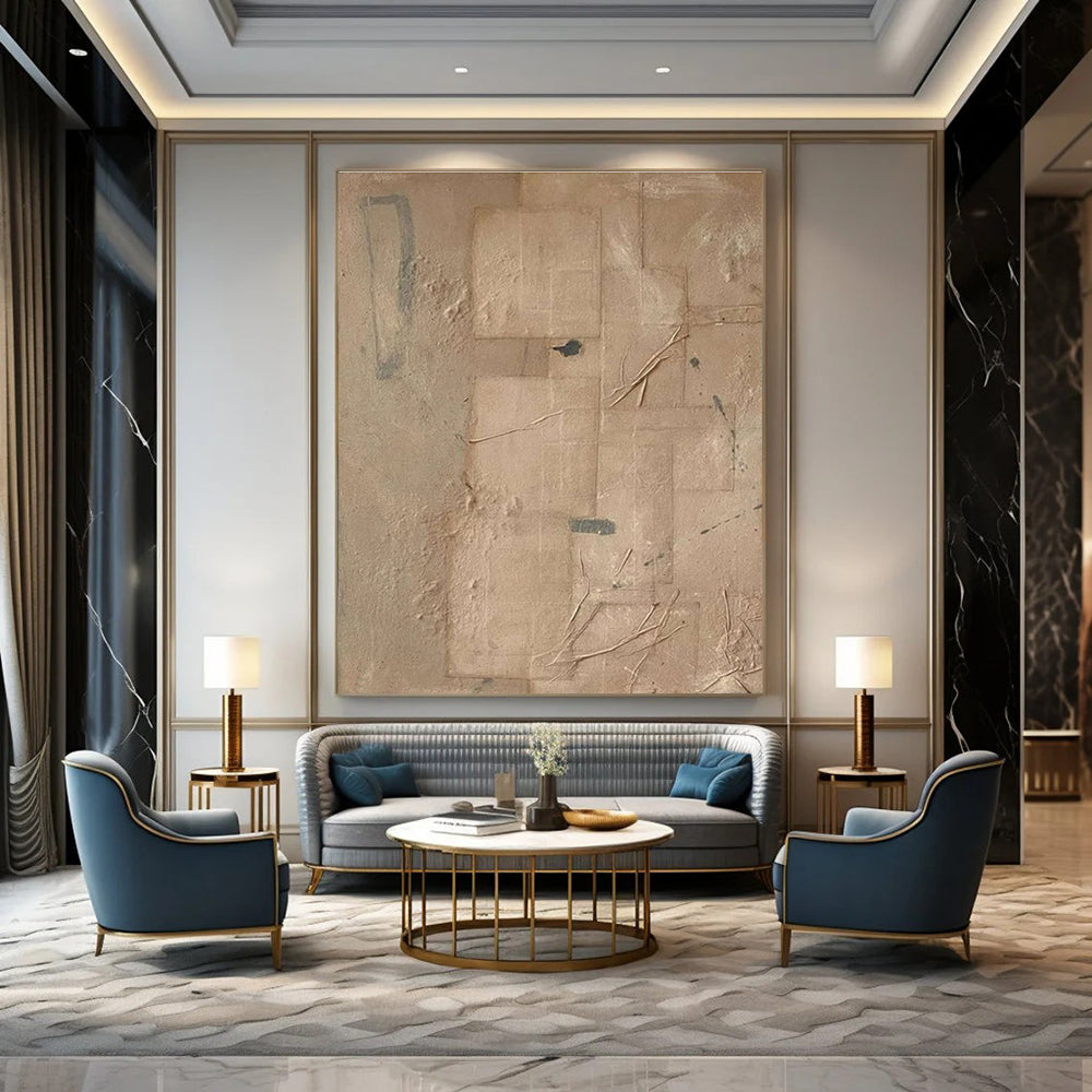Beige Geometric Abstract Painting with Added Elements ADGE336