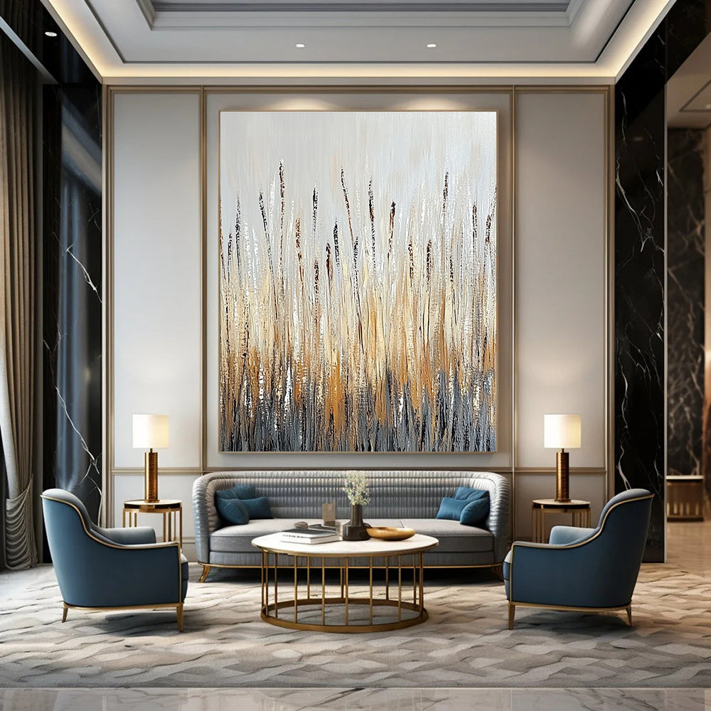 Large abstract painting of tall grass in earthy tones with textured brushstrokes and water droplets against a neutral gray background evoking nature's tranquility.STSC337