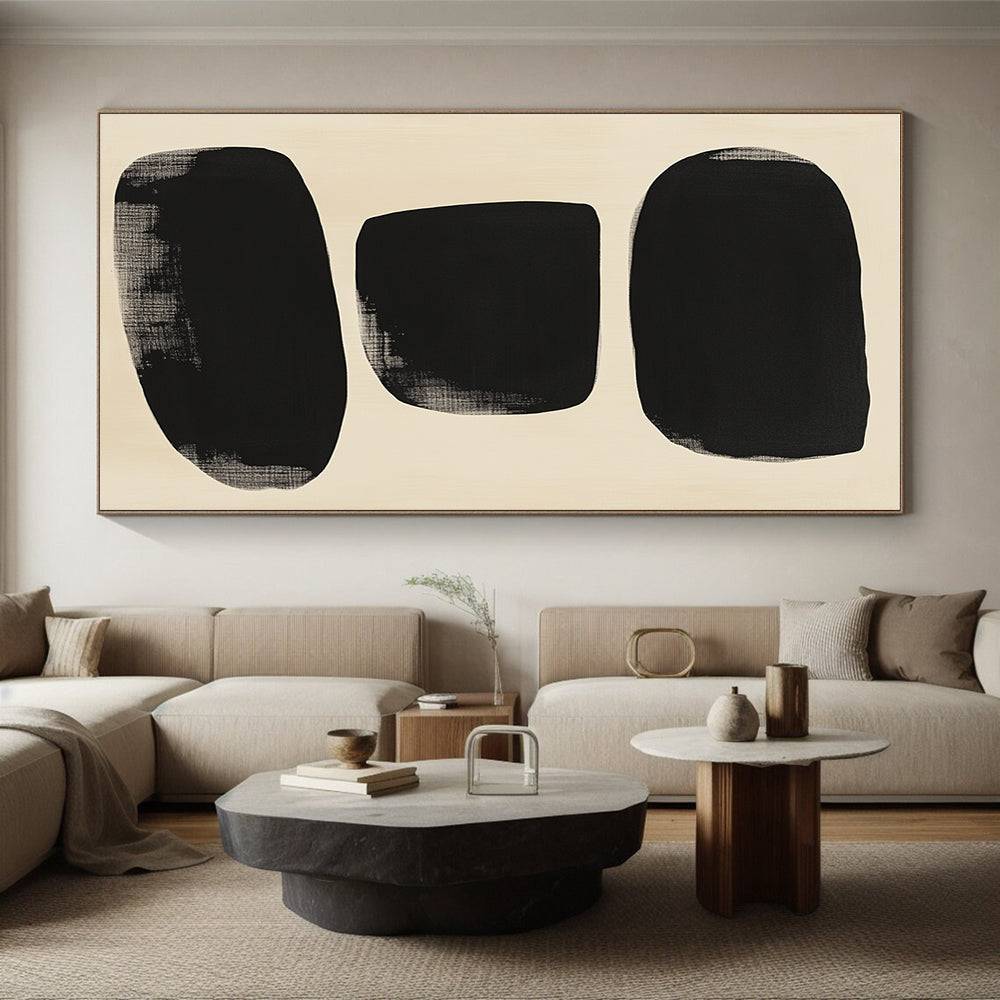 Black and Beige Abstract Painting with Large Black Organic Shapes GER189