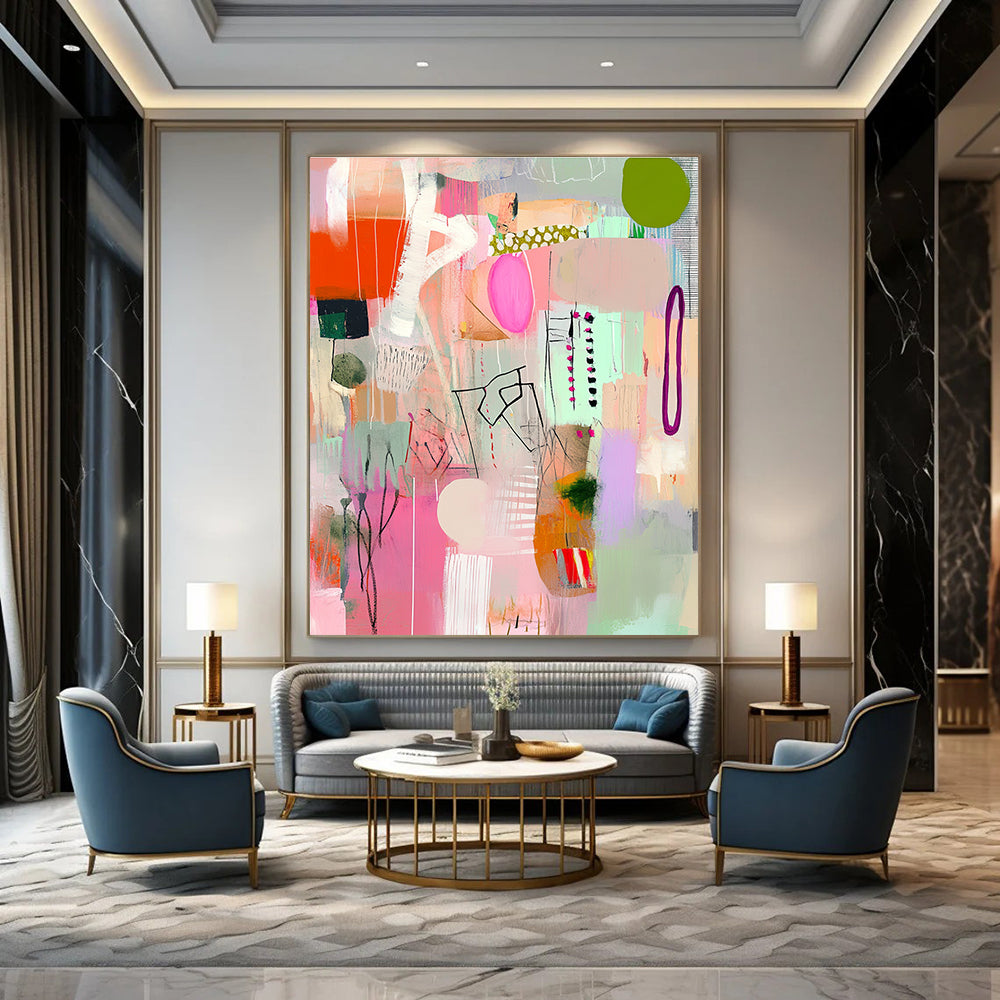 Large abstract painting in pink and green with playful textures stripes and shapes creating a joyful celebration atmosphere perfect for any space.STSC1040