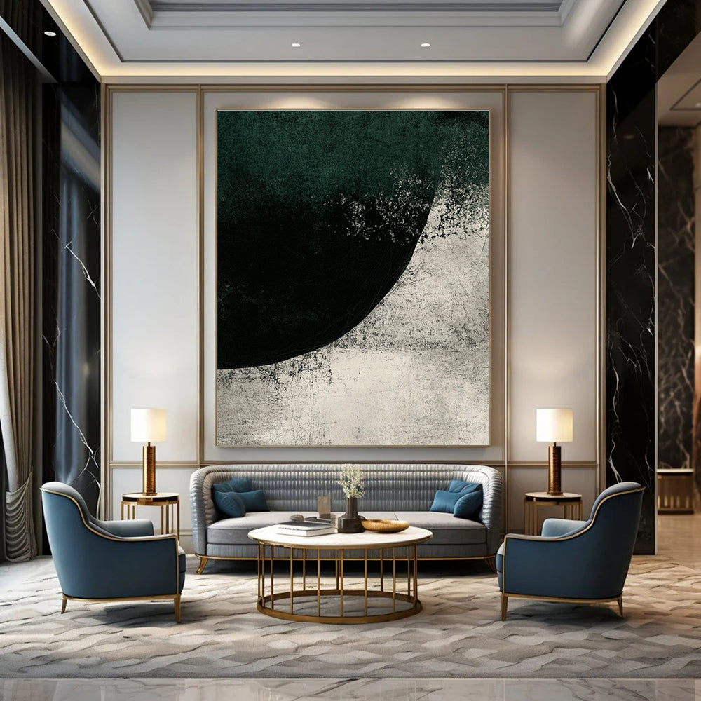 Large abstract painting featuring dark green and gray tones with ink texture and a mysterious rounded shape creating a cold nature-inspired atmosphere.STSC524