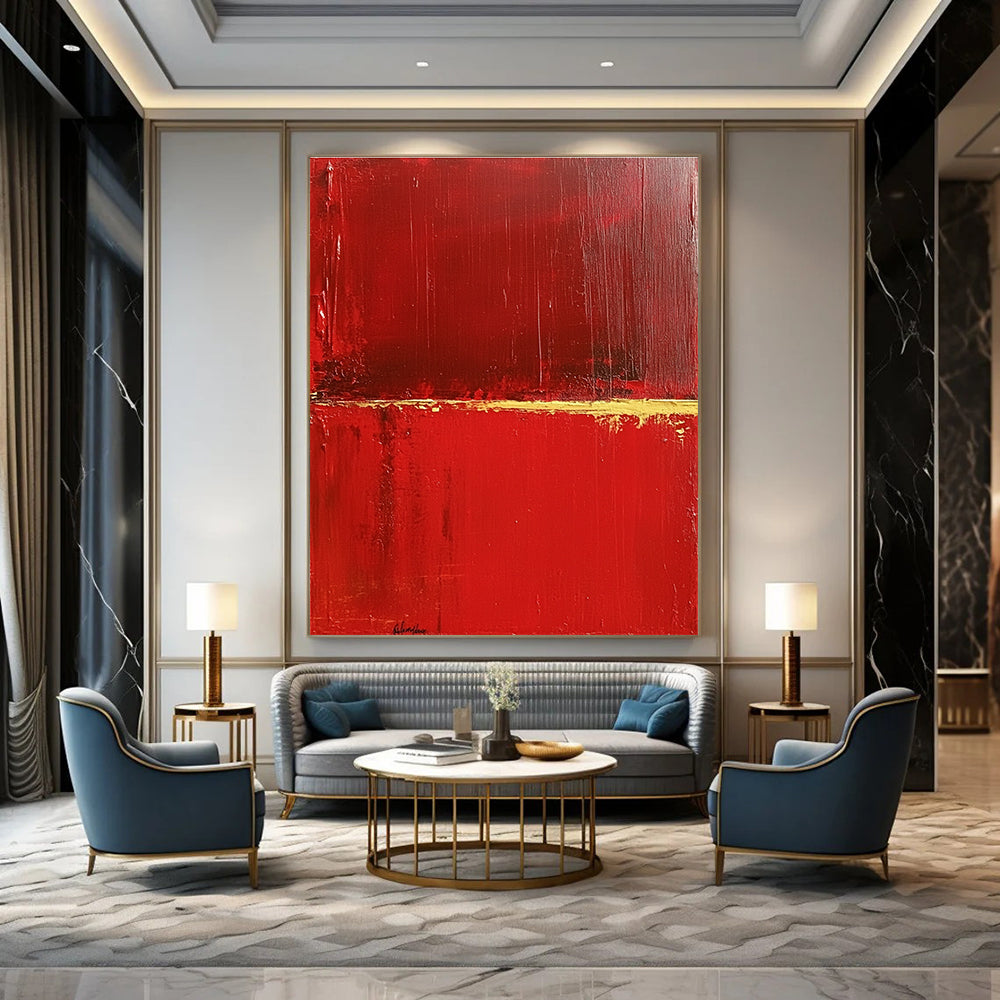 Large abstract painting featuring a red background with a central yellow line evoking lightness and depth in a minimalist style.STSC459