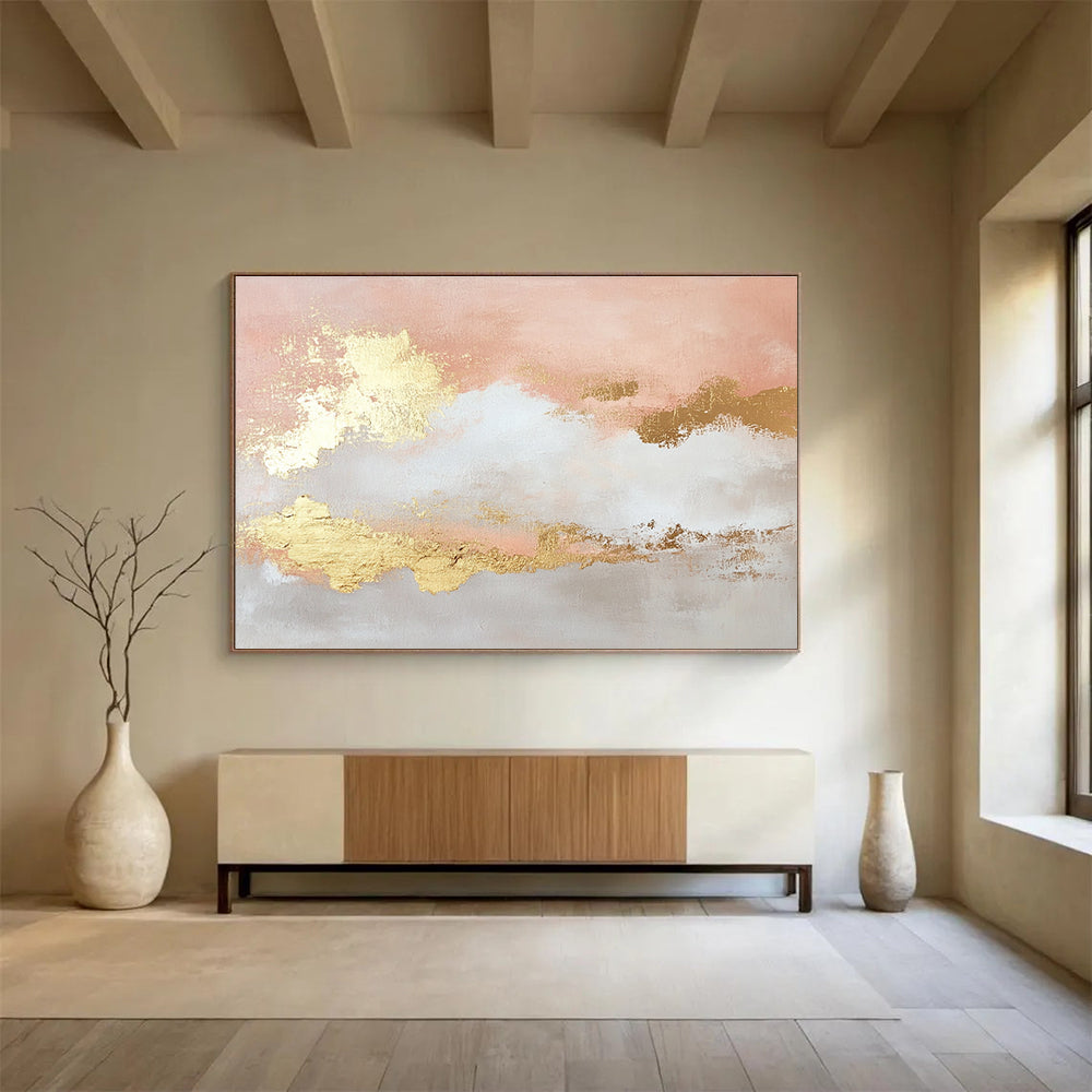 Pink and Gold Abstract Painting with Cloud - like Forms DYP395