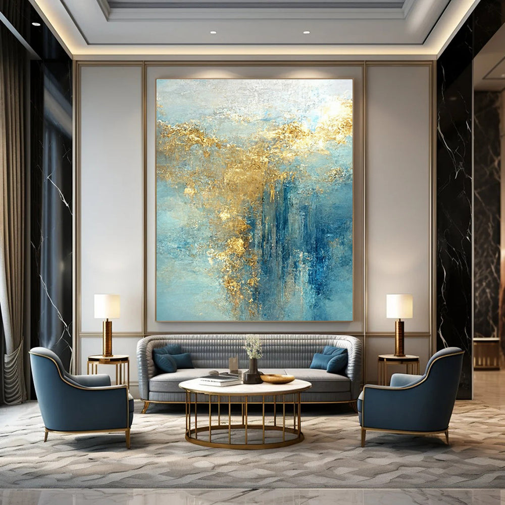 Light Blue Abstract Painting with Cascading Gold Accents ADGE063