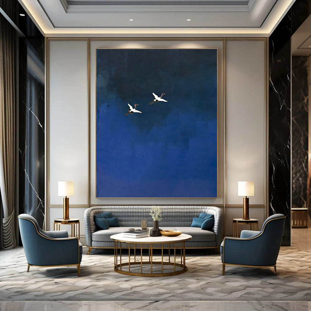 Cranes in Blue Sky Abstract Painting with Minimalist Charm ADGE481