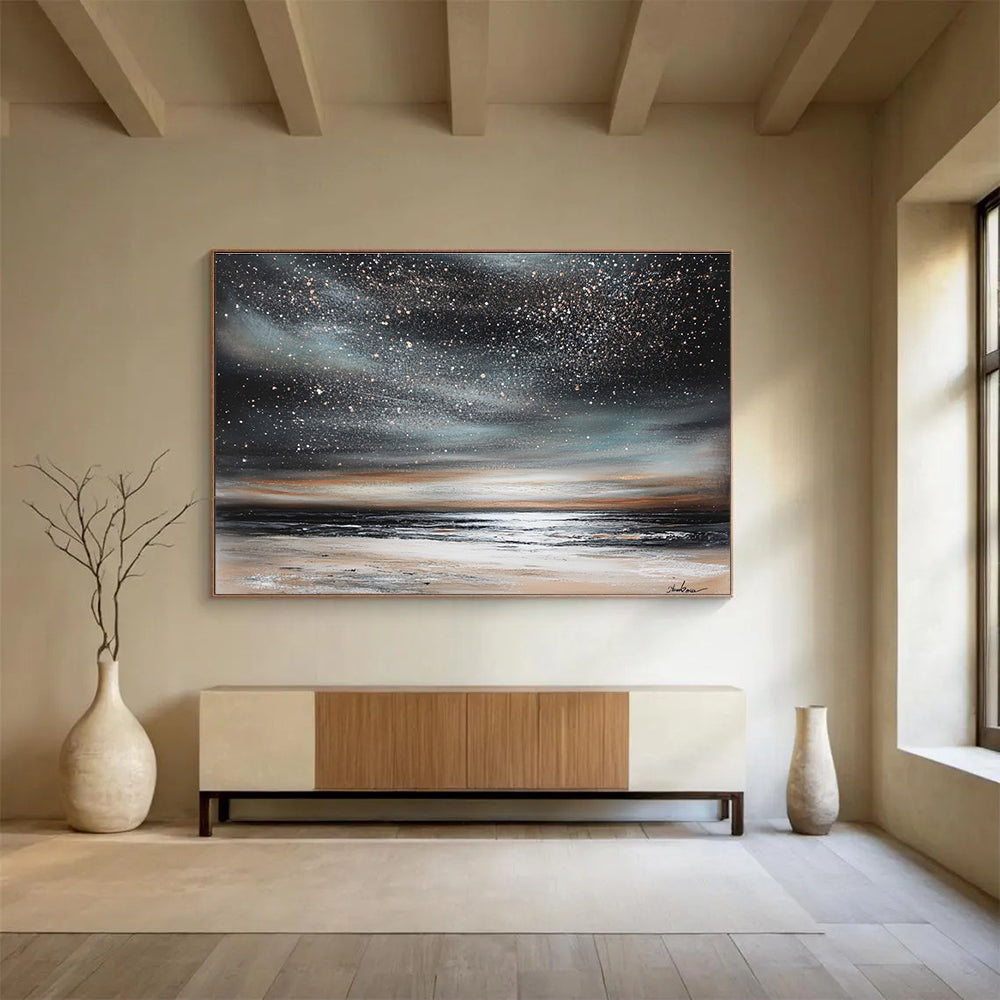 Starry Night Beach Abstract Painting with Dark and Shimmering Tones DYP120