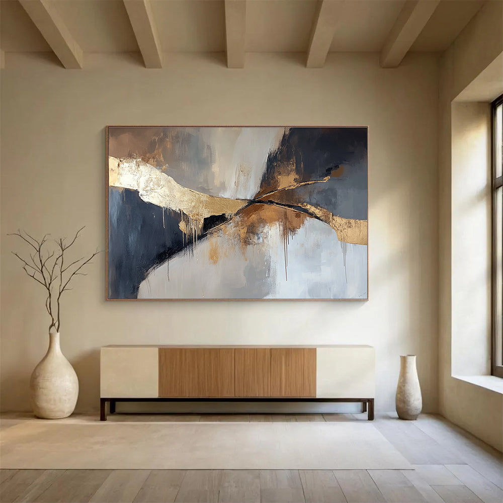 An abstract painting in muted browns and greys with elegant gold accents, featuring a striking minimalistic design perfect for modern aesthetics.SC327