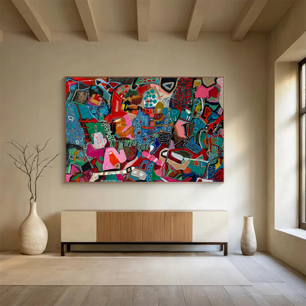 Vibrant Geometric Mosaic Abstract Painting with Bold Color Blocks THY242