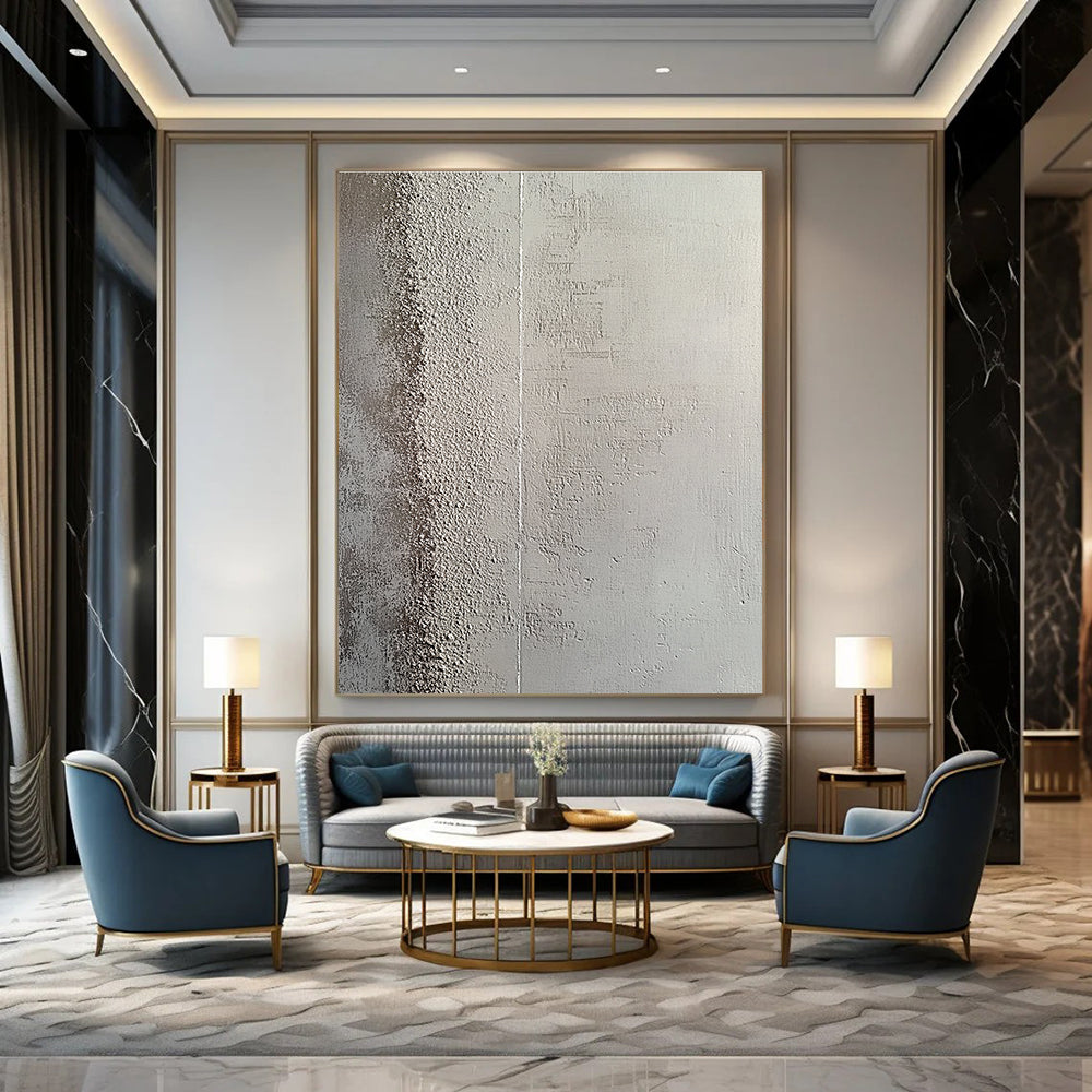 Large abstract painting featuring a textured concrete wall with a subtle gradient and intricate grooves creating depth and contrast.STSC1217