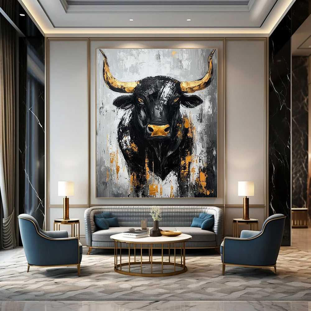 Large abstract painting of a black bull with gold accents against a gray background featuring bold brush strokes and textured impasto technique.STSC027