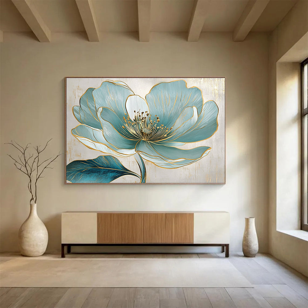 A large abstract painting featuring a turquoise flower with golden lines and exquisite realism on a beige background with elegant gray accents.SC423