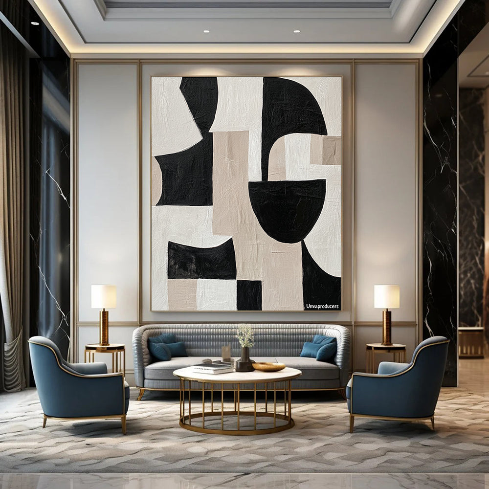 Large abstract painting with overlapping fluid shapes in black and white featuring the word Umaproducers crafted in tape showcasing depth and movement.STSC483