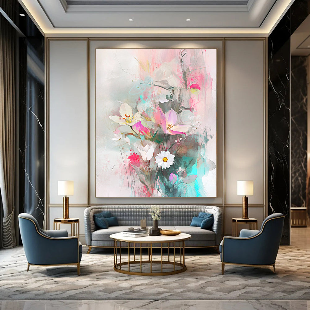 A large abstract painting featuring ethereal floral arrangements in soft pastels with a delicate bird figurine symbolizing harmony in nature.STSC857