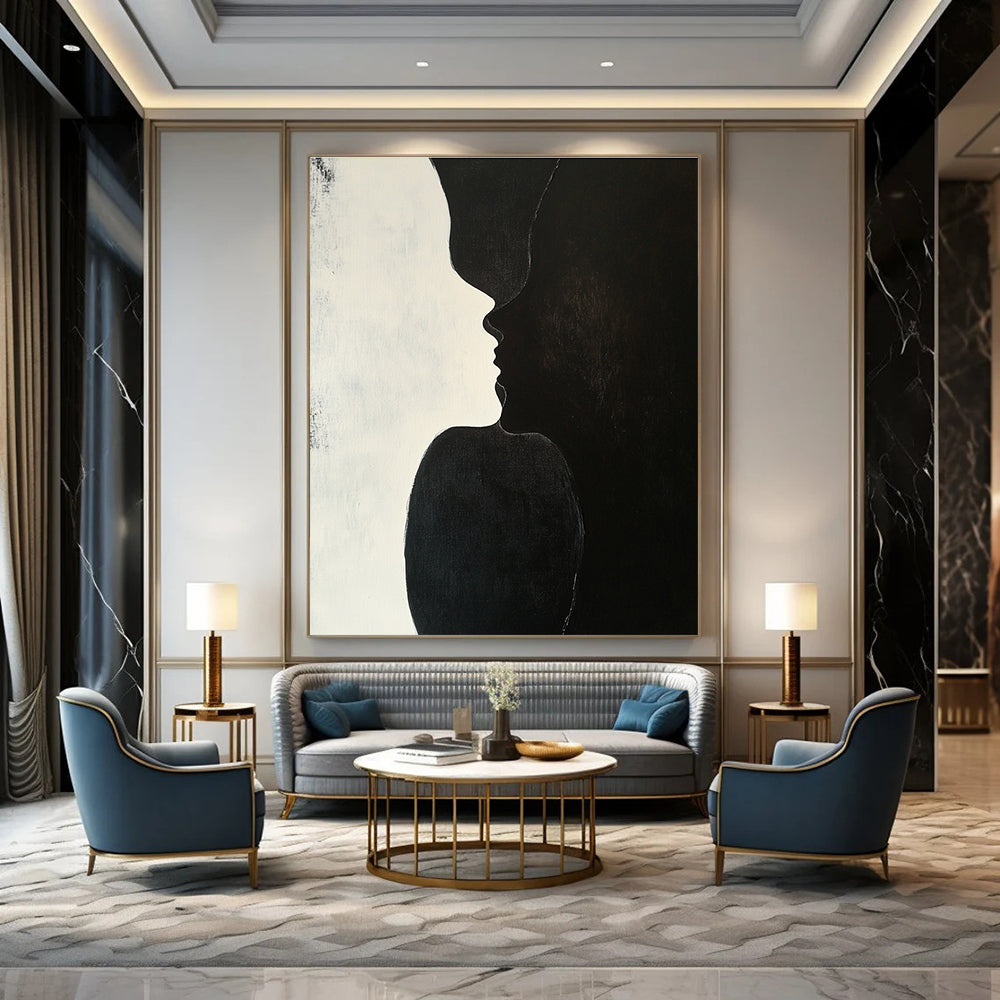 A large abstract painting featuring two figures kissing against a plain black background with subtle shadows highlighting their forms and textures.STSC909