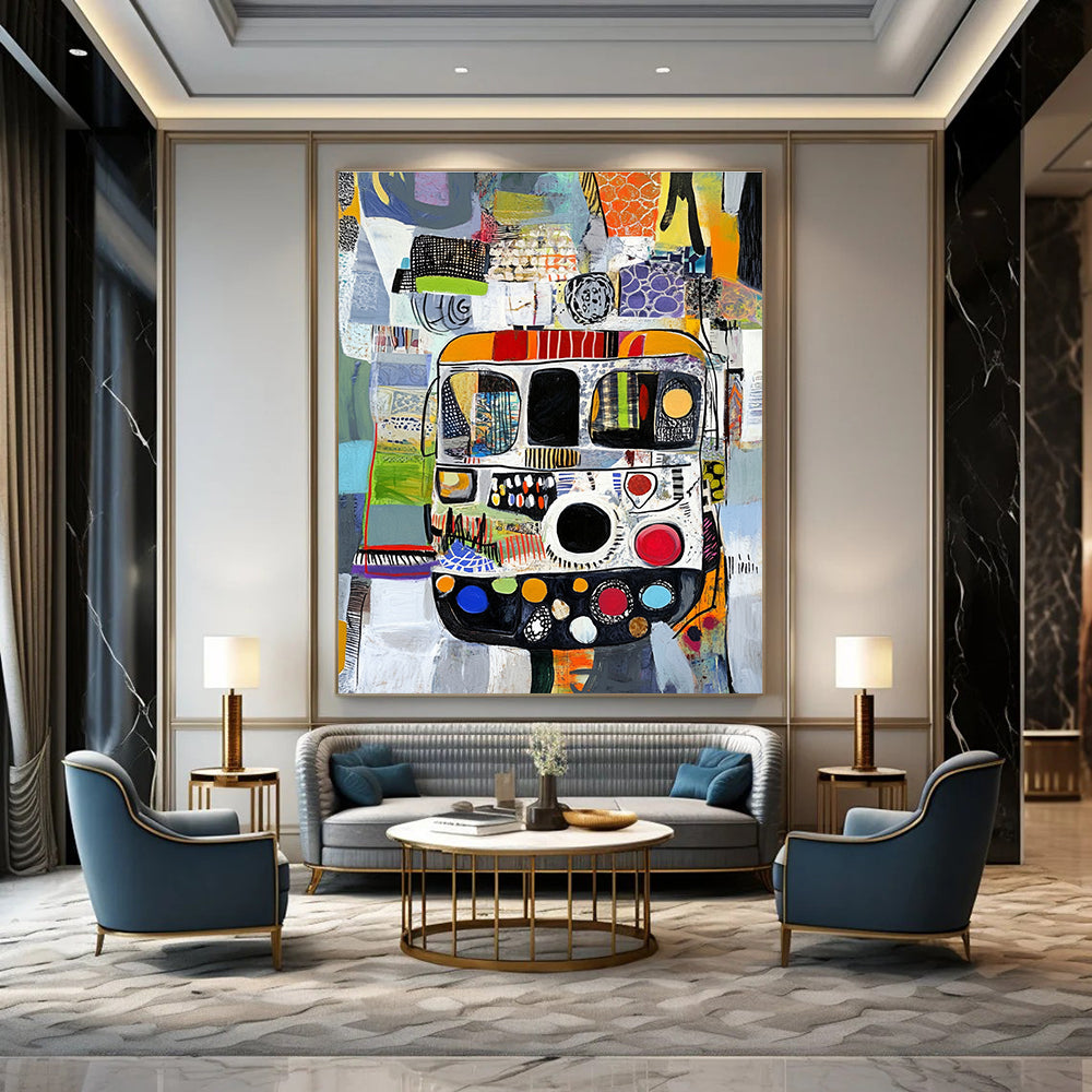 Abstract painting with diverse patterns features a bus in a textured collage of black white grey green blue red and orange yellow materials.STSC820