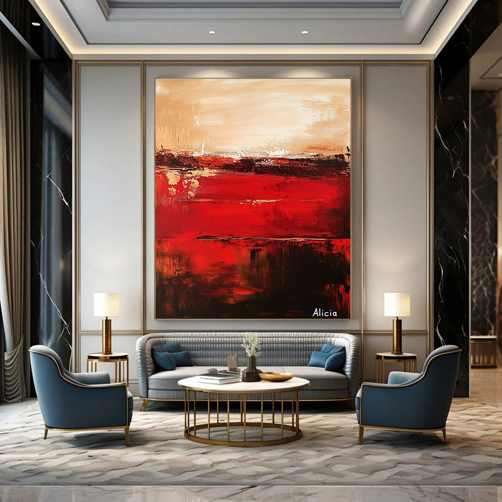 Large abstract painting of red and brown titled Alicia with deep burgundy and pale gold textures on a tranquil sunset-inspired backdrop.STSC690