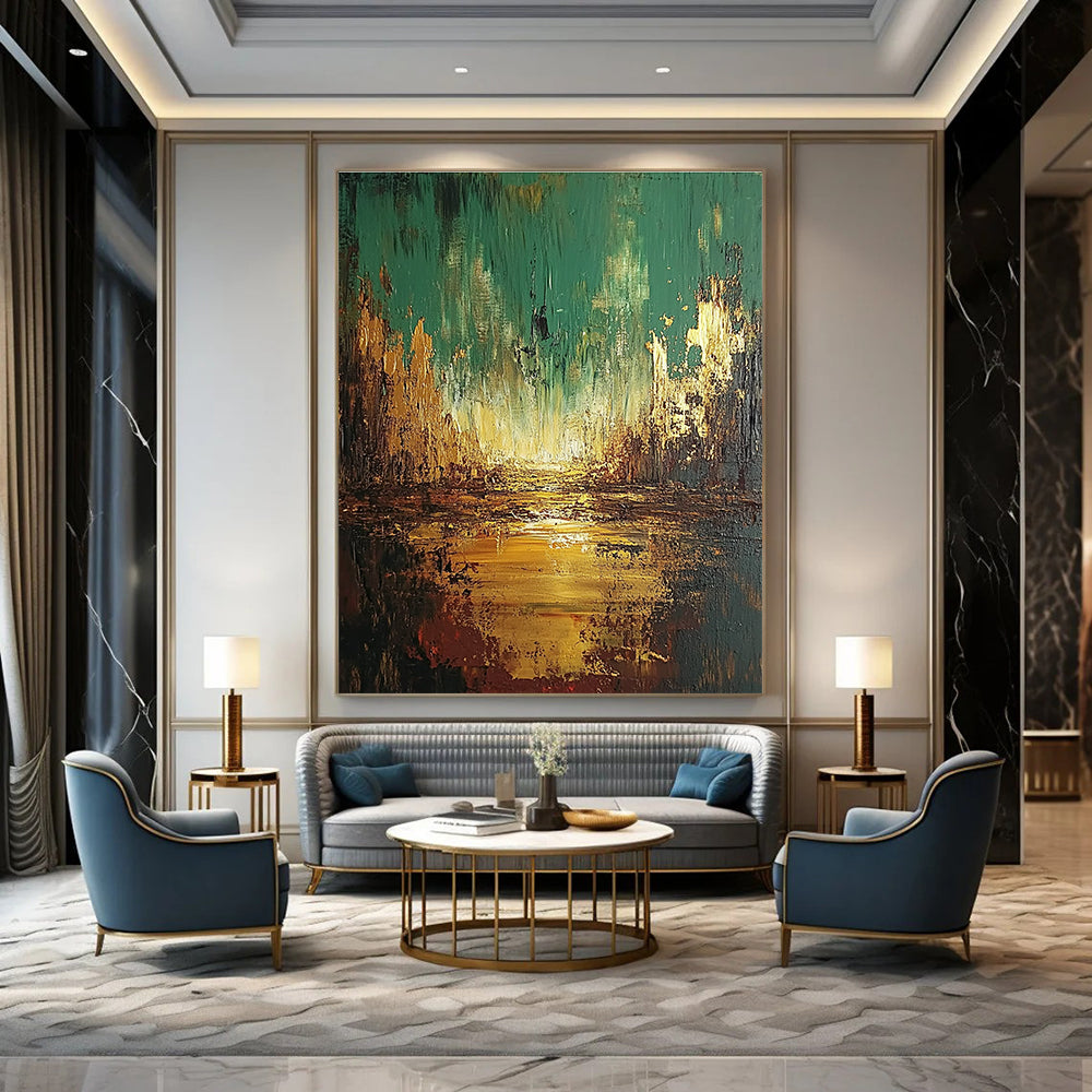 Large abstract oil painting depicting an apocalyptic landscape in greens and browns with golden highlights, perfect for bold decor.STSC583