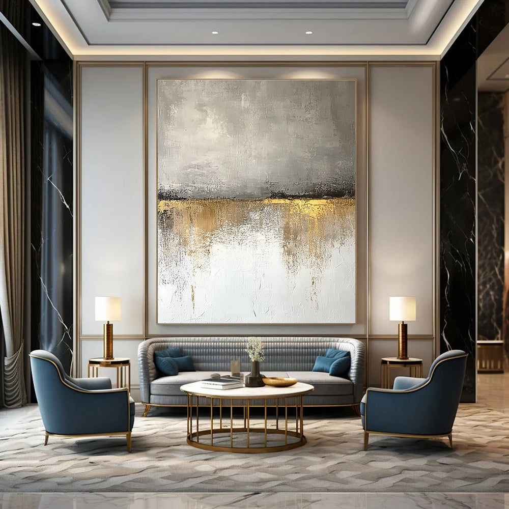 Large abstract painting featuring beige and gray tones with textured wall, golden accents, and a neutral color palette reflecting nature's beauty.STSC410