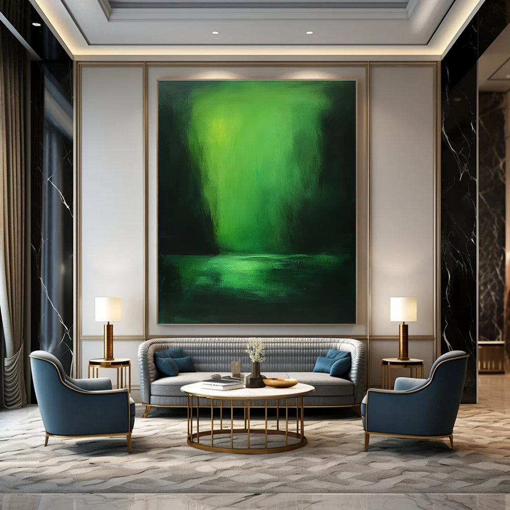 Large abstract painting of a green sea featuring vibrant light and dark colors inspired by Zdzisław Beksiński in oil on canvas.STSC287