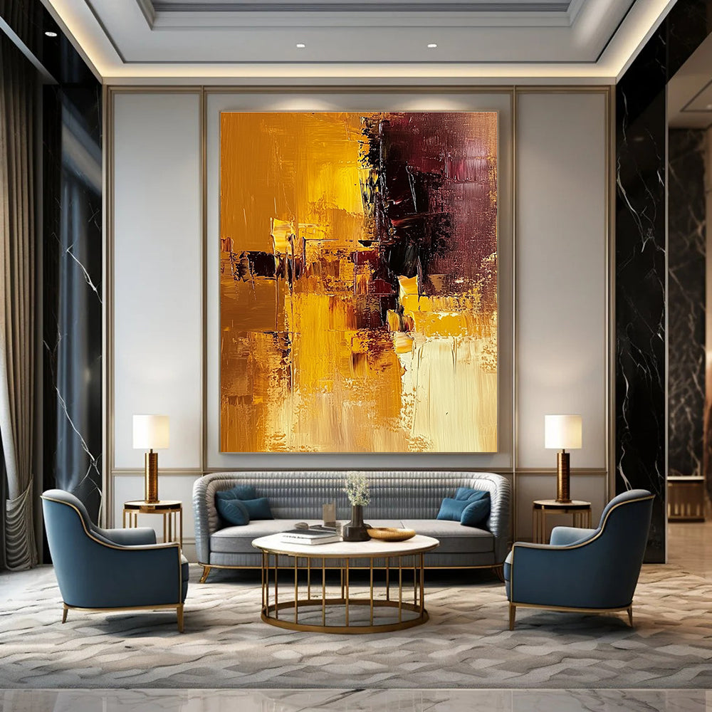 Large abstract painting in warm brown and yellow tones showcasing a textured surface for a striking artistic statement.STSC603