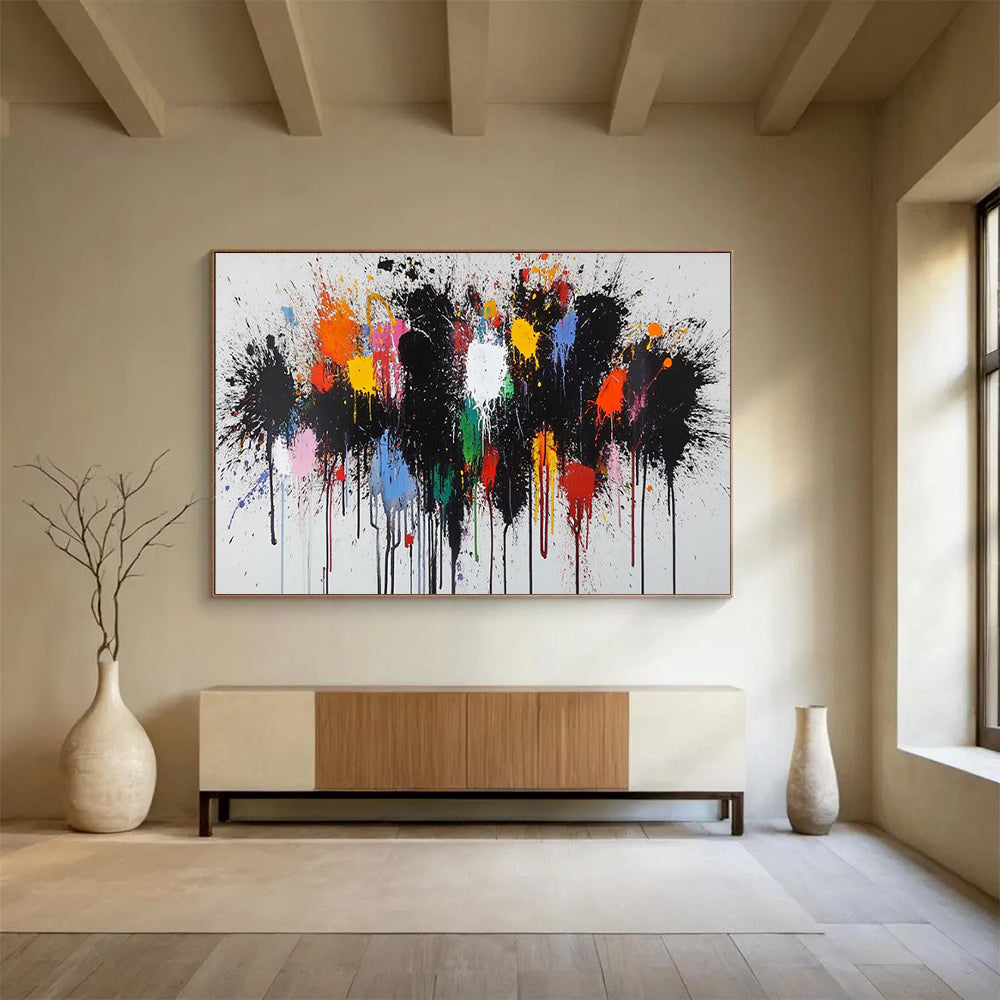Color Splash Abstract Painting with Black, Colorful Drips THY193