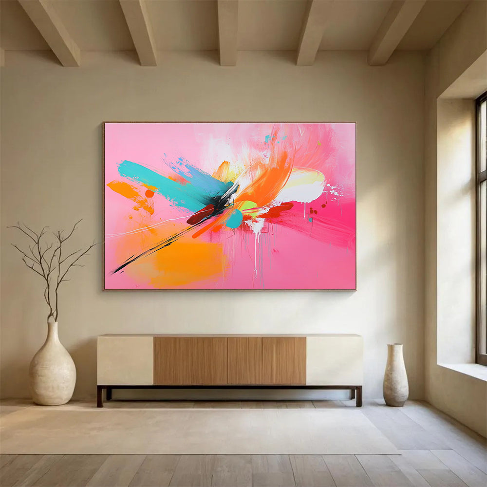 Vibrant Pink Abstract Painting with Bold Color Splashes DYP381
