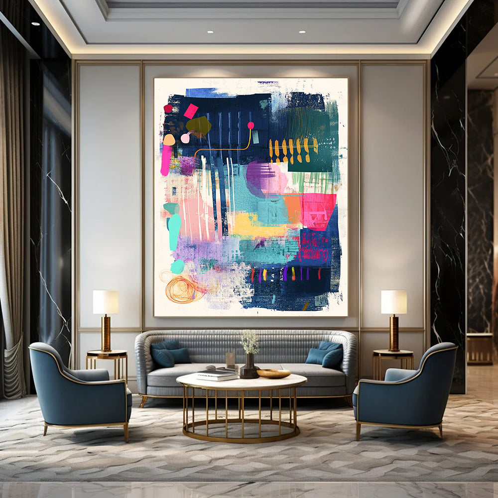 A large abstract artwork featuring musical notes and vibrant colors with oversized keys creating motion and playful typography in a harmonious design.STSC967