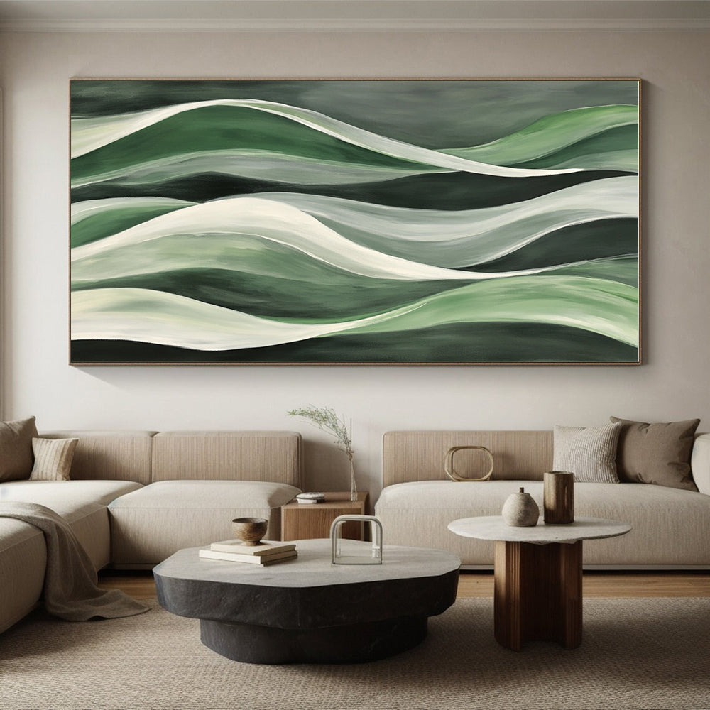 Green and White Wavy Abstract Painting on Dark Green GER241