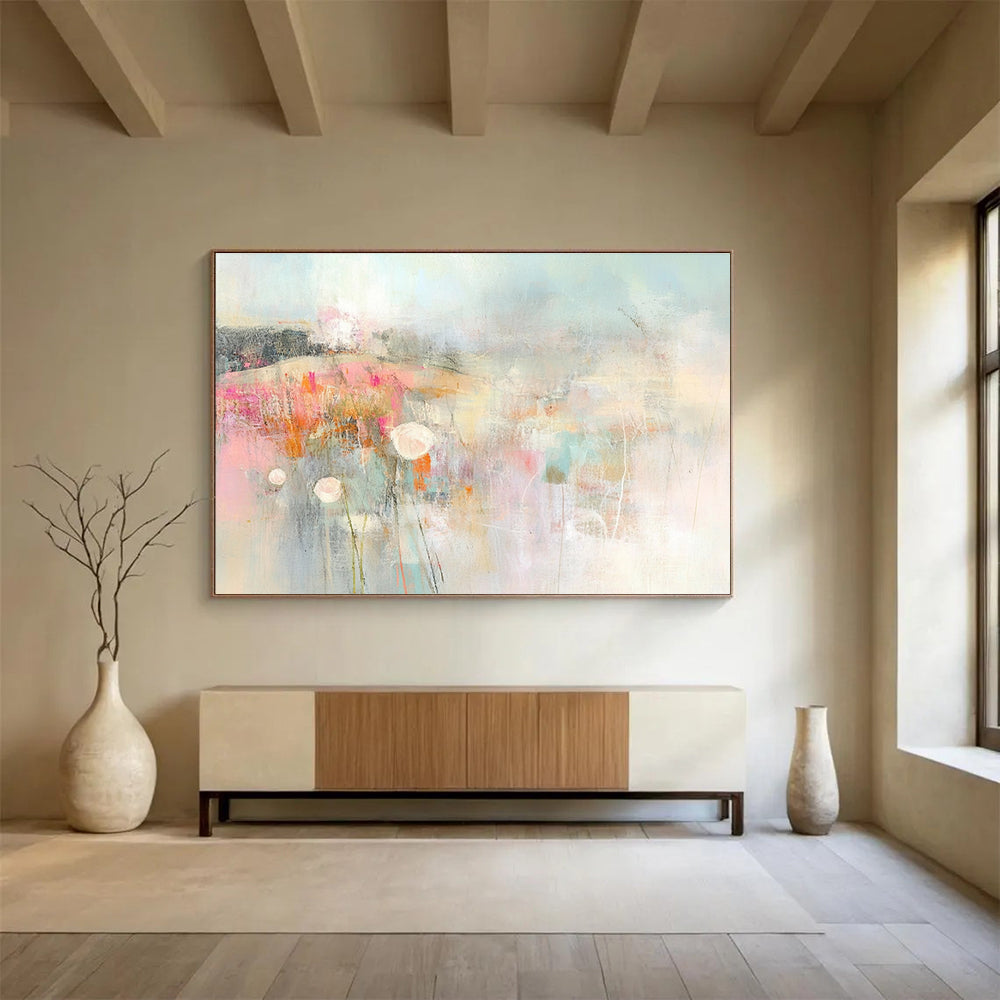 An abstract expressionist painting of the English countryside featuring muted pastel colors soft brush strokes and blurred edges.SC310