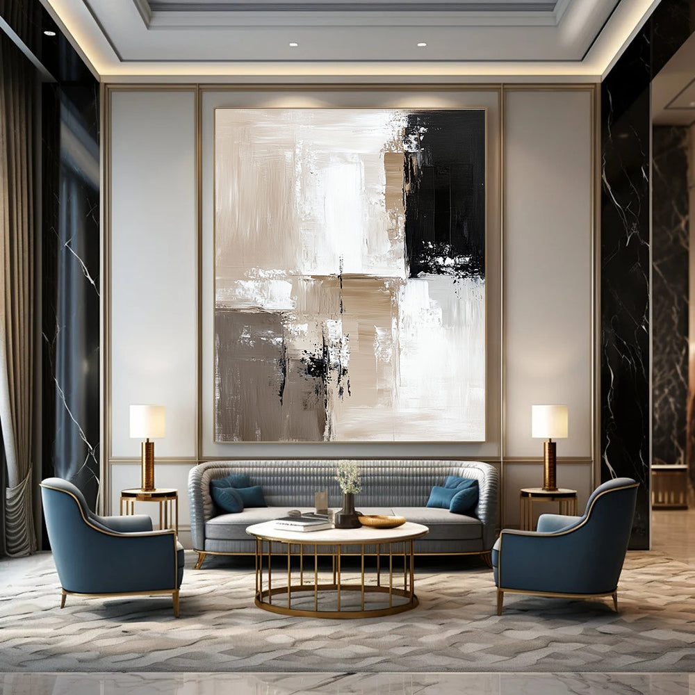 Large abstract painting featuring beige and white color blocks with thick brush strokes and black accents on a neutral background in minimalistic oil paint.STSC411