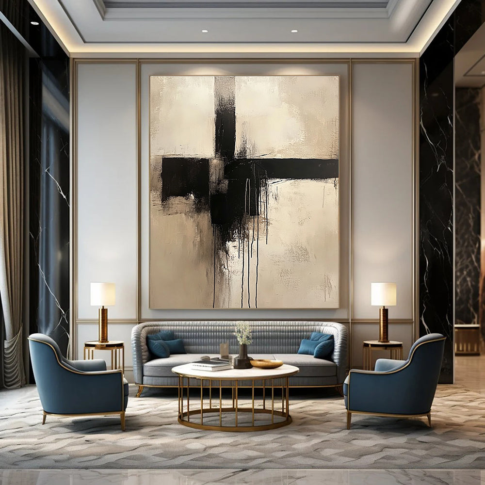 Large abstract painting of a cross in neutral colors featuring a minimalist style and dripping black paint.STSC669