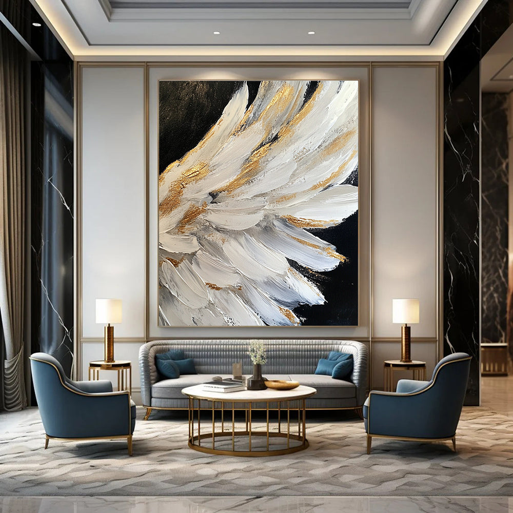 Large abstract painting of white angel wings with gold accents on a black background featuring heavy brush strokes and palette knife work.STSC006